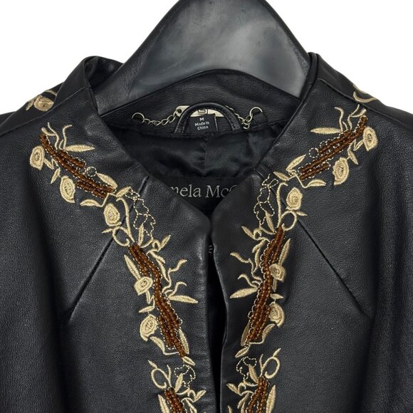 Pamela McCoy Black Leather Jacket Embroidery Beaded Women's Medium Boho Casual - Picture 2 of 13